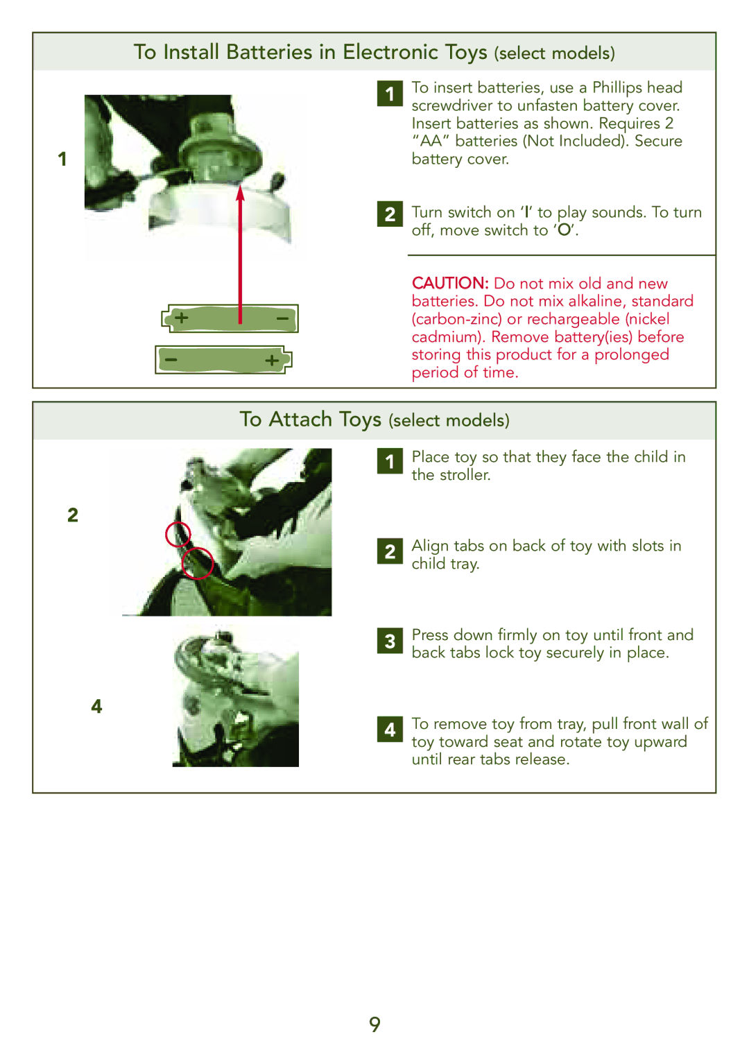 Kolcraft S77-T-R3 instruction sheet To Install Batteries in Electronic Toys select models, To Attach Toys select models 