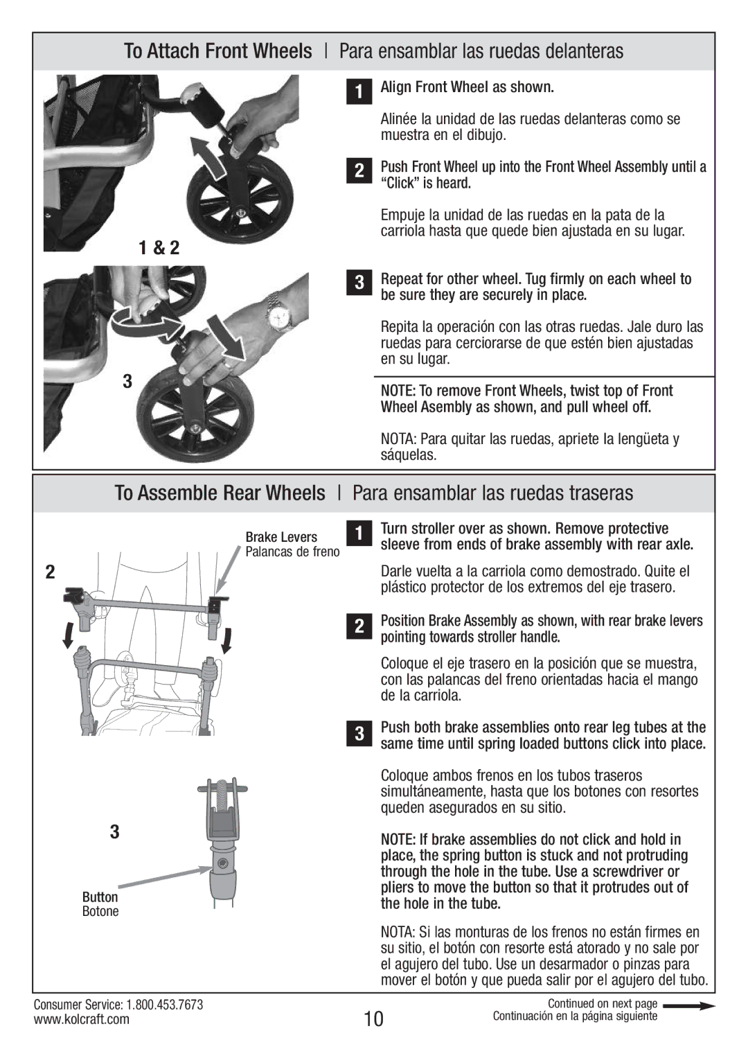 Kolcraft S82-R2 instruction sheet To Attach Front Wheels Para ensamblar las ruedas delanteras 