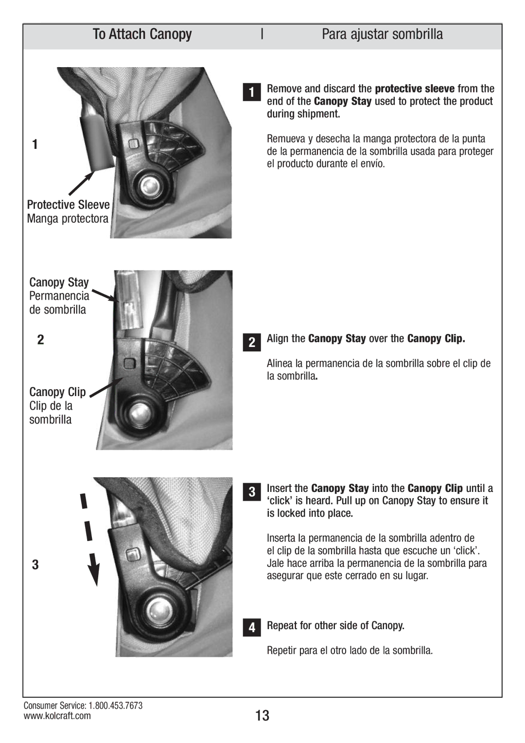 Kolcraft S82-R2 instruction sheet To Attach Canopy, Protective Sleeve Manga protectora 