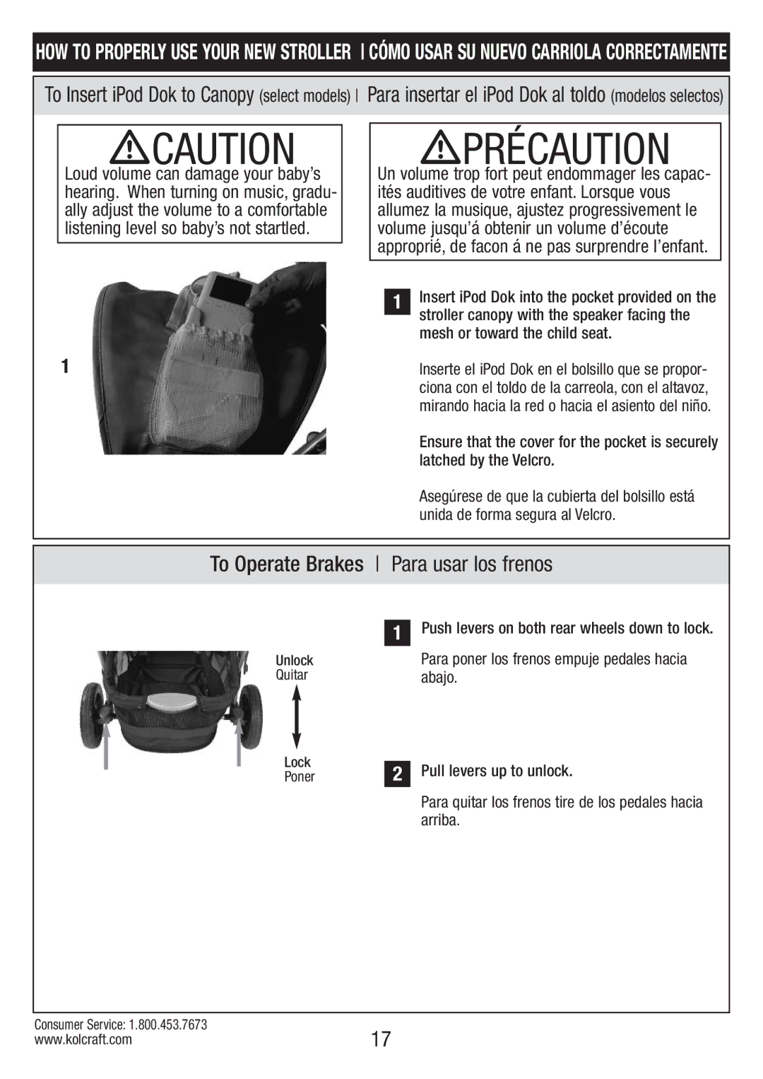 Kolcraft S82-R2 instruction sheet Précaution, To Operate Brakes Para usar los frenos 