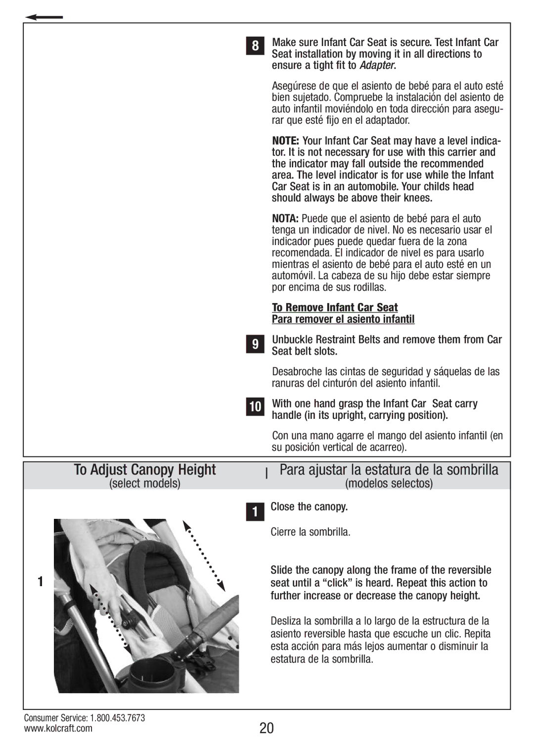 Kolcraft S82-R2 instruction sheet To Adjust Canopy Height, Select models Para ajustar la estatura de la sombrilla 