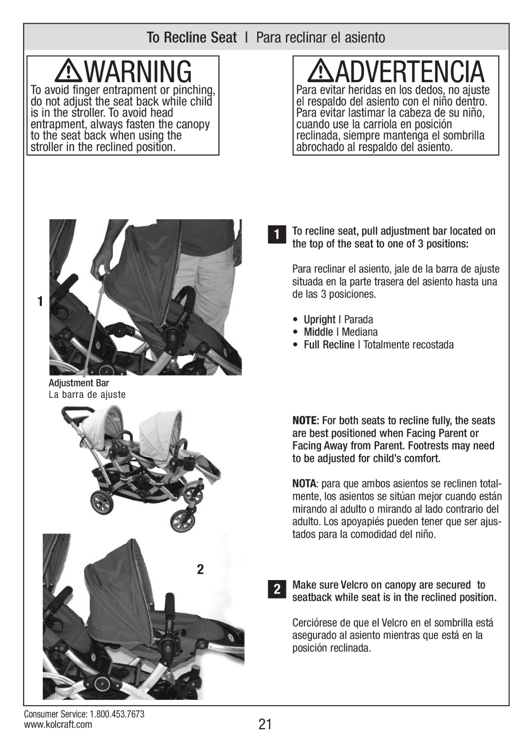 Kolcraft S82-R2 instruction sheet To Recline Seat Para reclinar el asiento 