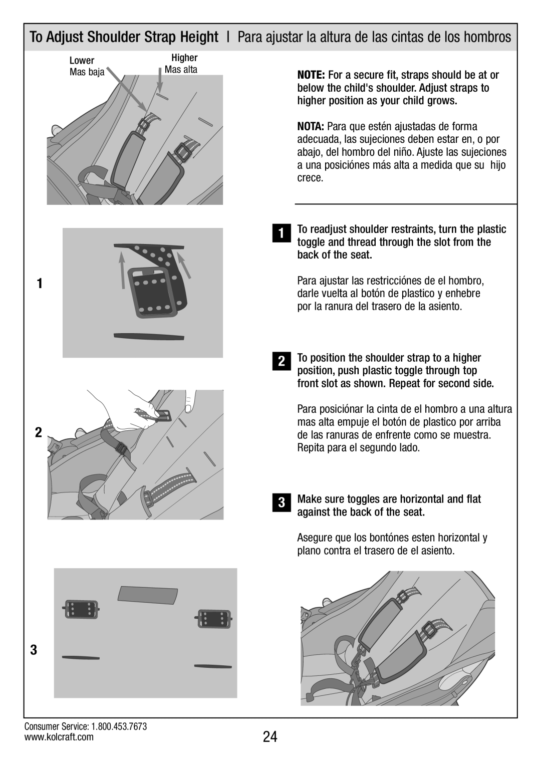 Kolcraft S82-R2 instruction sheet Lower Higher Mas baja 