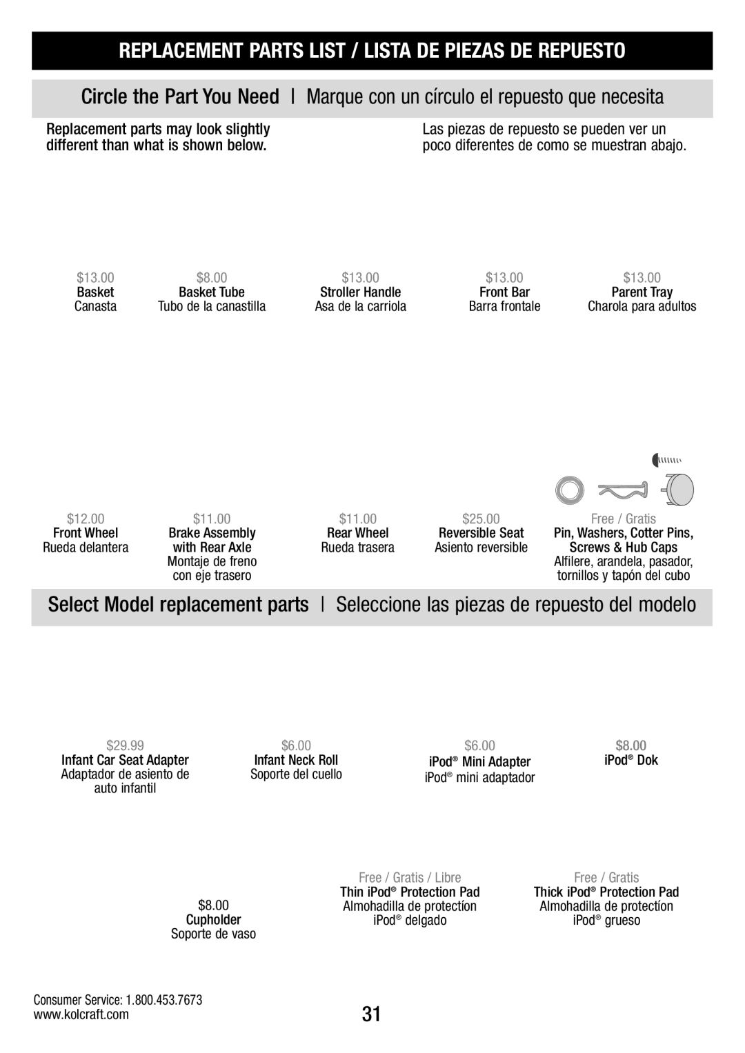 Kolcraft S82-R2 instruction sheet Replacement Parts List / Lista DE Piezas DE Repuesto 