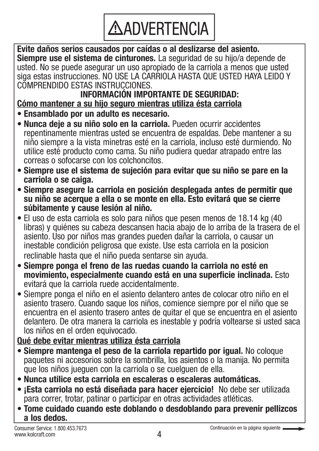 Kolcraft S82-R2 instruction sheet Advertencia 