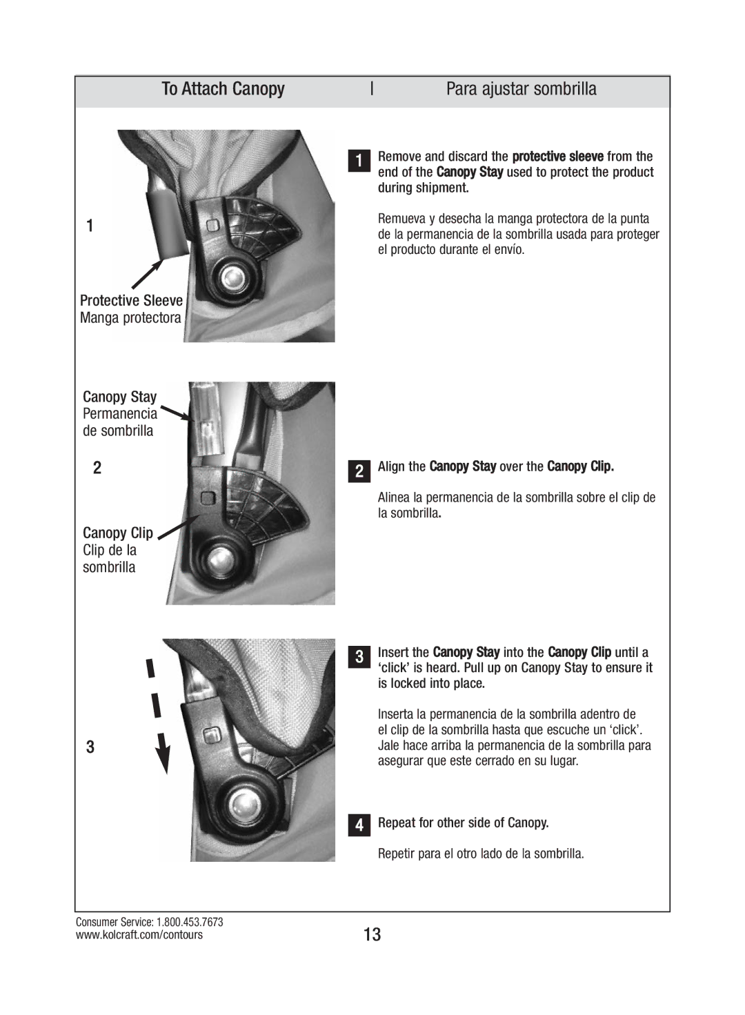 Kolcraft S82-R3 instruction sheet To Attach Canopy, Protective Sleeve Manga protectora 