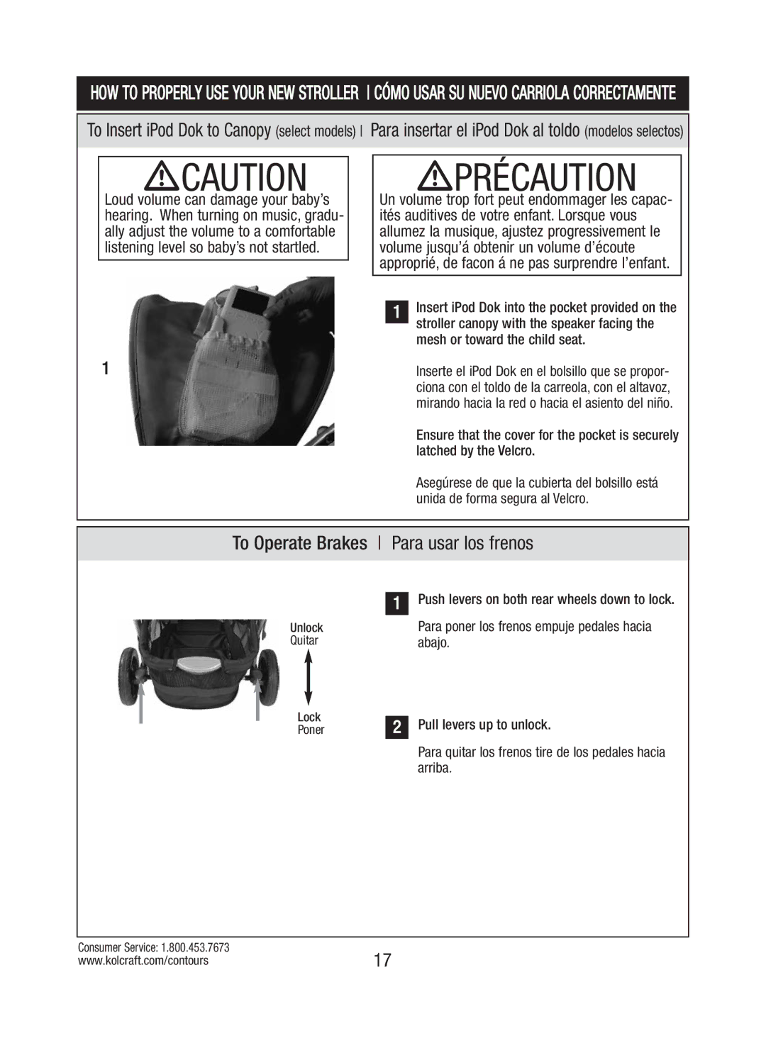 Kolcraft S82-R3 instruction sheet Précaution, To Operate Brakes Para usar los frenos 