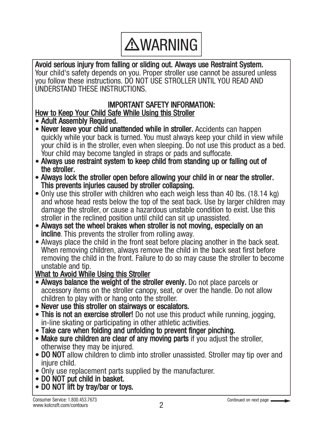 Kolcraft S82-R3 instruction sheet Important Safety Information 