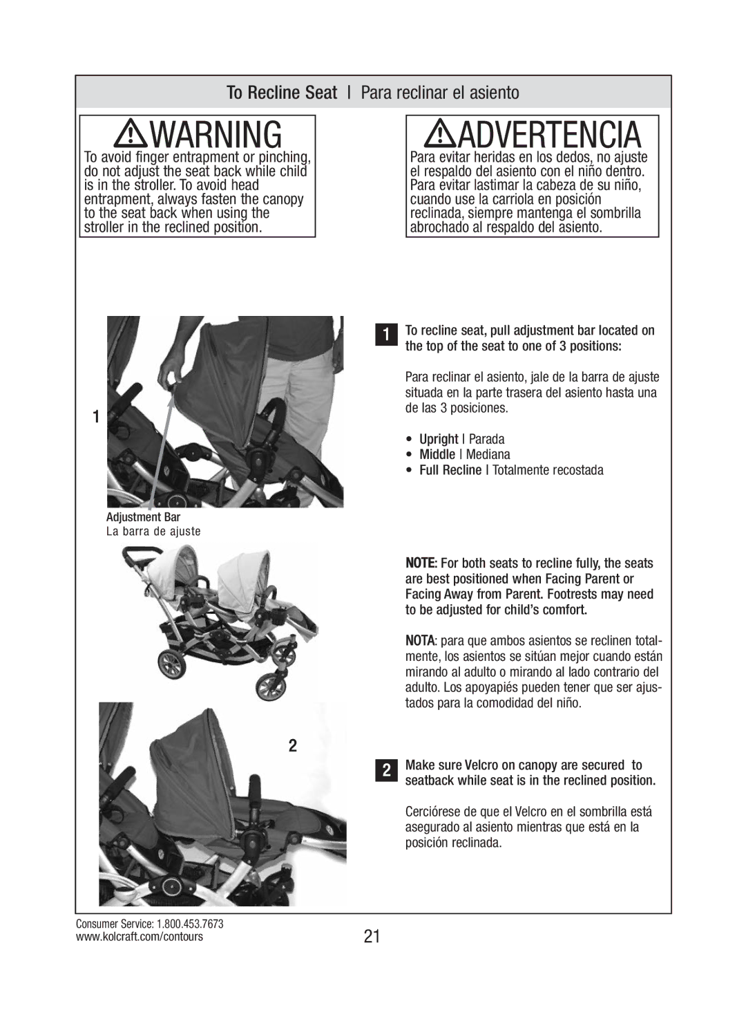 Kolcraft S82-R3 instruction sheet To Recline Seat Para reclinar el asiento 