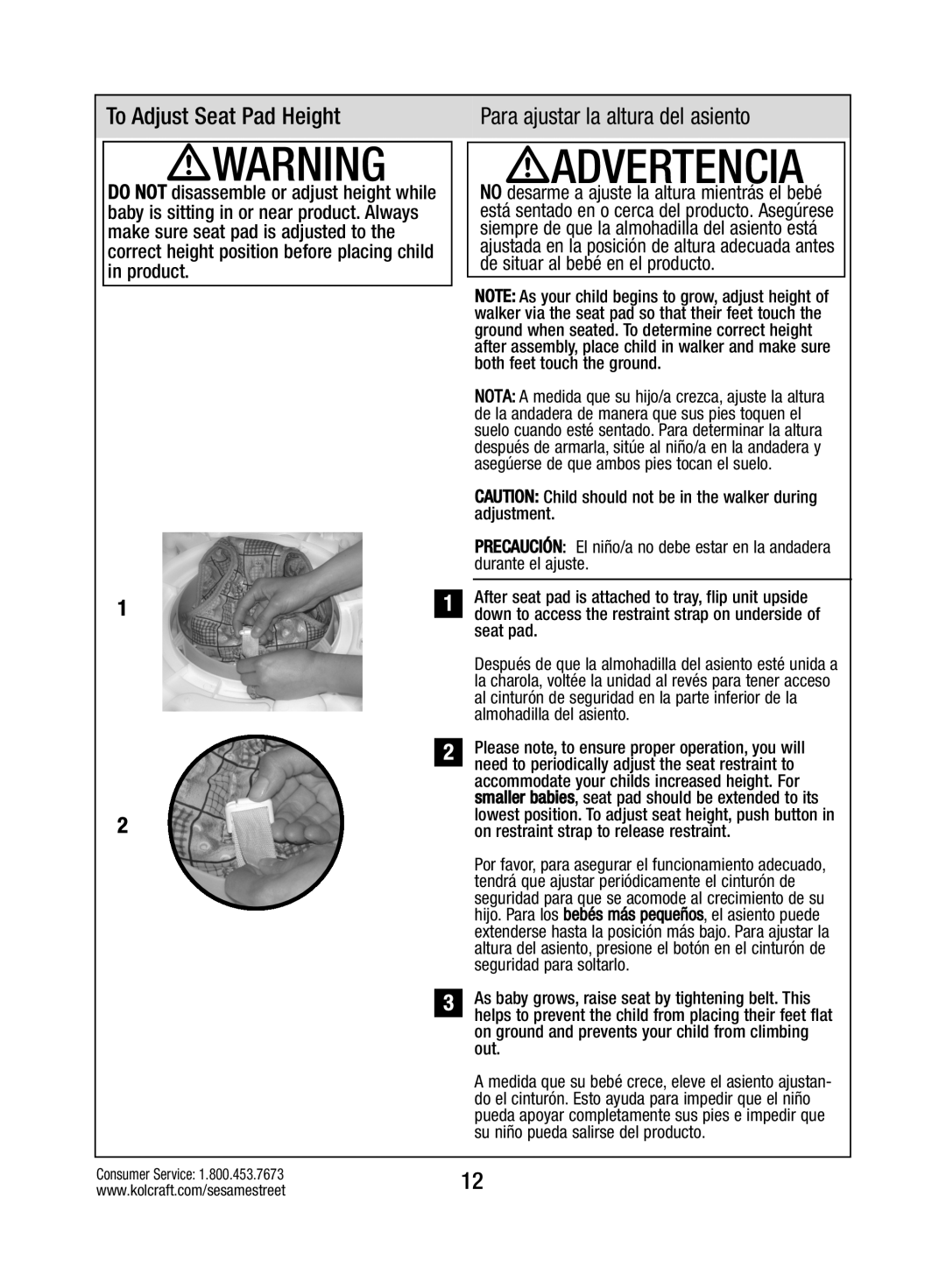 Kolcraft W025-R2 instruction sheet To Adjust Seat Pad Height, Para ajustar la altura del asiento 