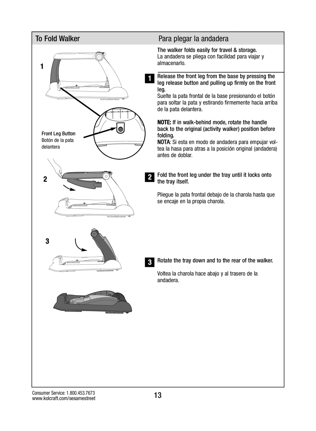 Kolcraft W025-R2 instruction sheet To Fold Walker, Para plegar la andadera 