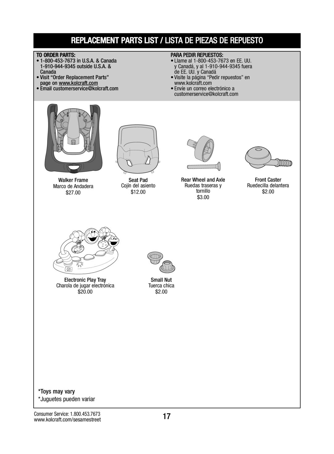 Kolcraft W025-R2 instruction sheet Replacement Parts List / Lista DE Piezas DE Repuesto 