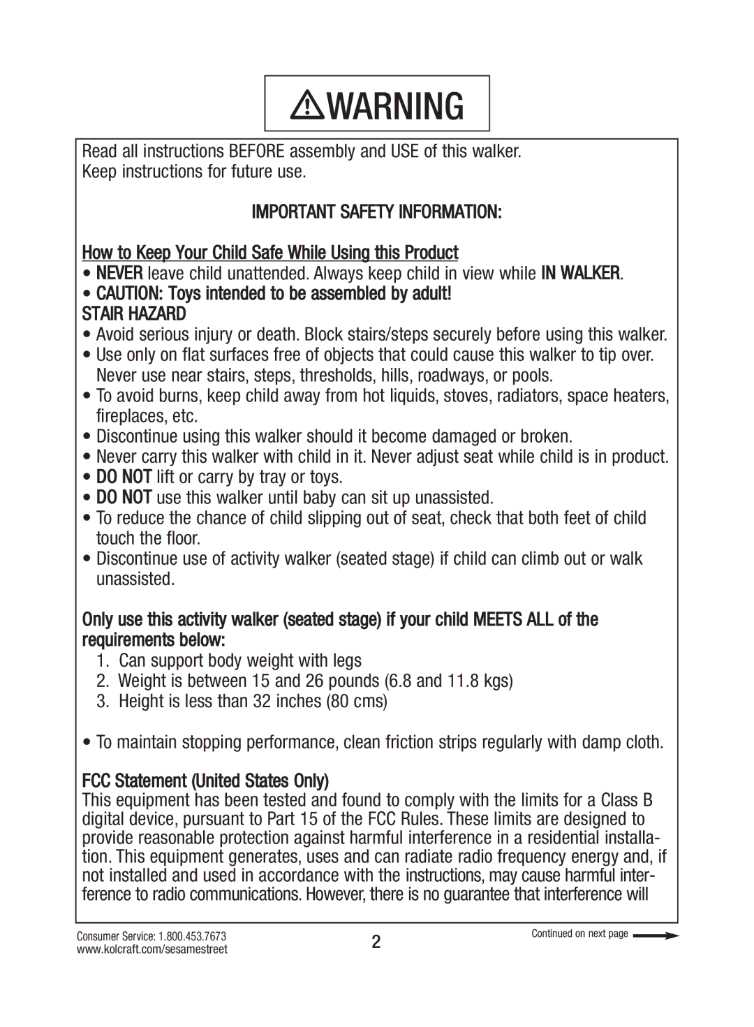 Kolcraft W025-R2 instruction sheet How to Keep Your Child Safe While Using this Product, FCC Statement United States Only 