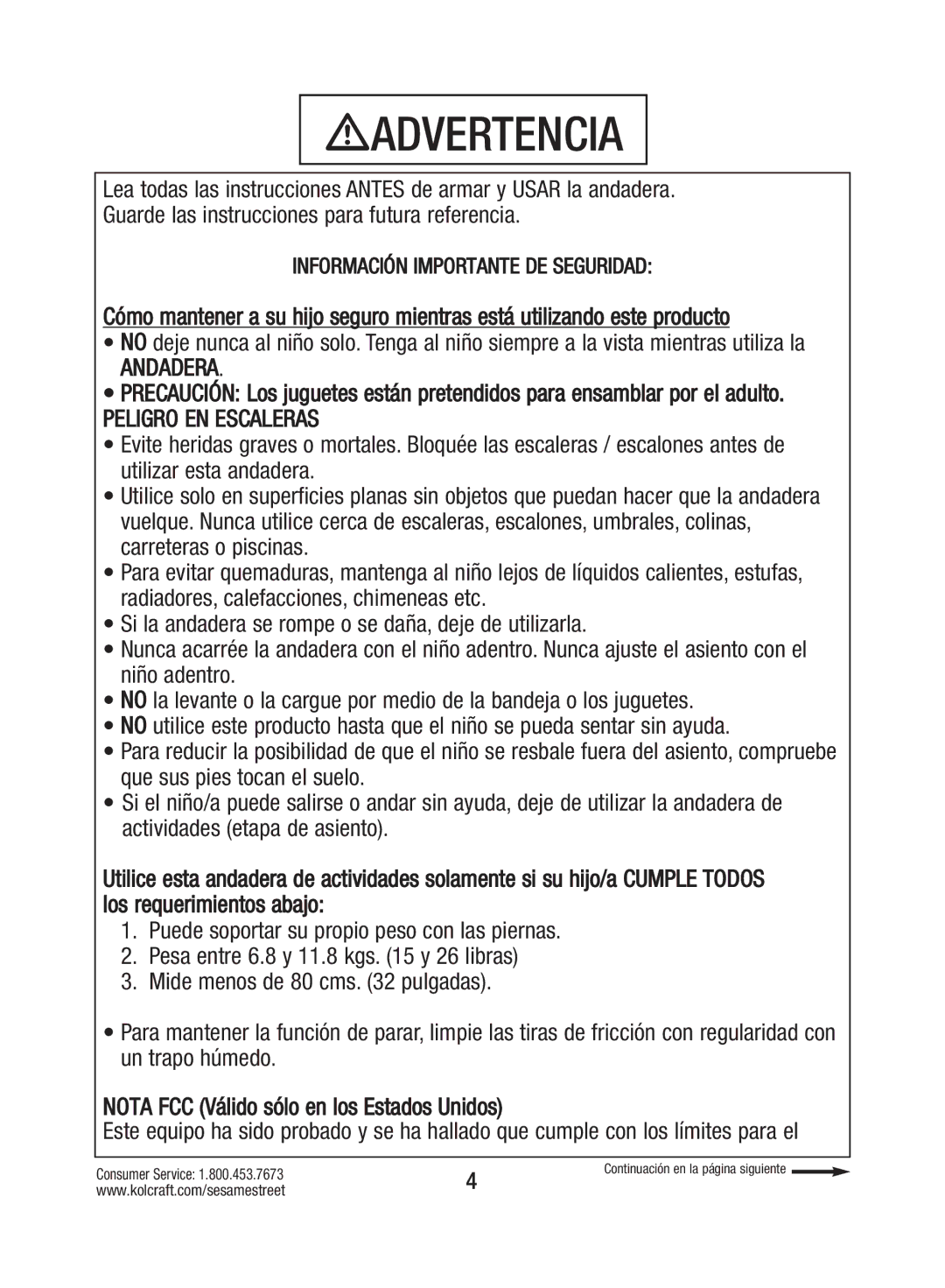 Kolcraft W025-R2 instruction sheet Advertencia 