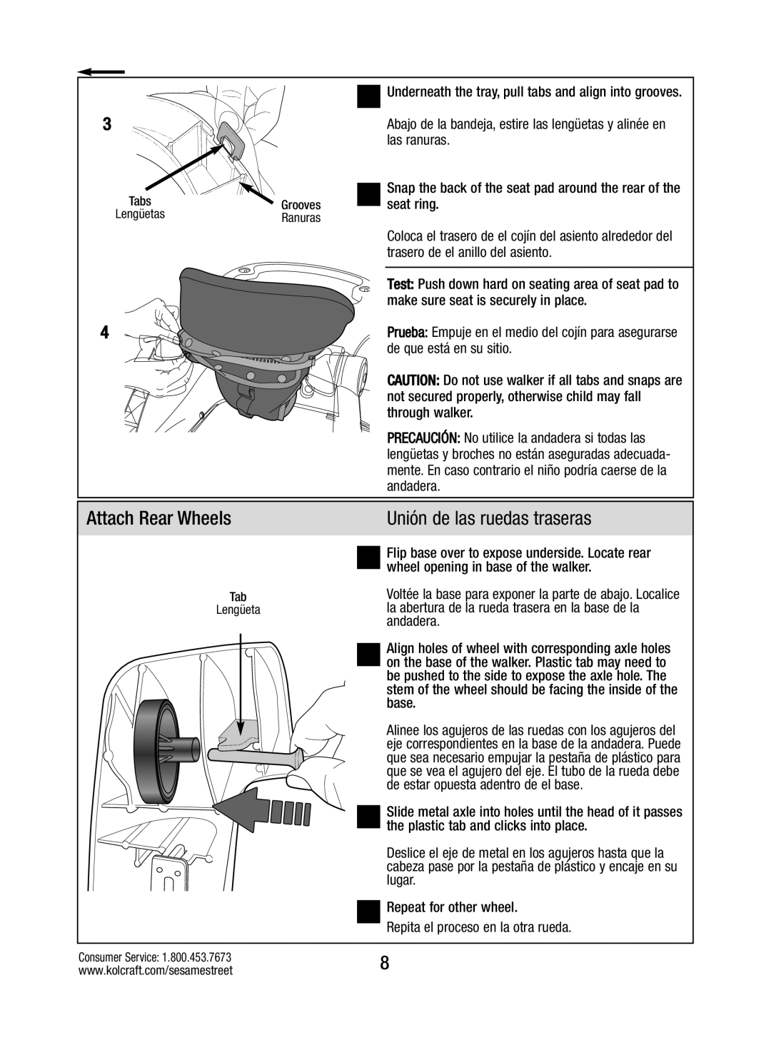 Kolcraft W025-R2 instruction sheet Attach Rear Wheels, Unión de las ruedas traseras 