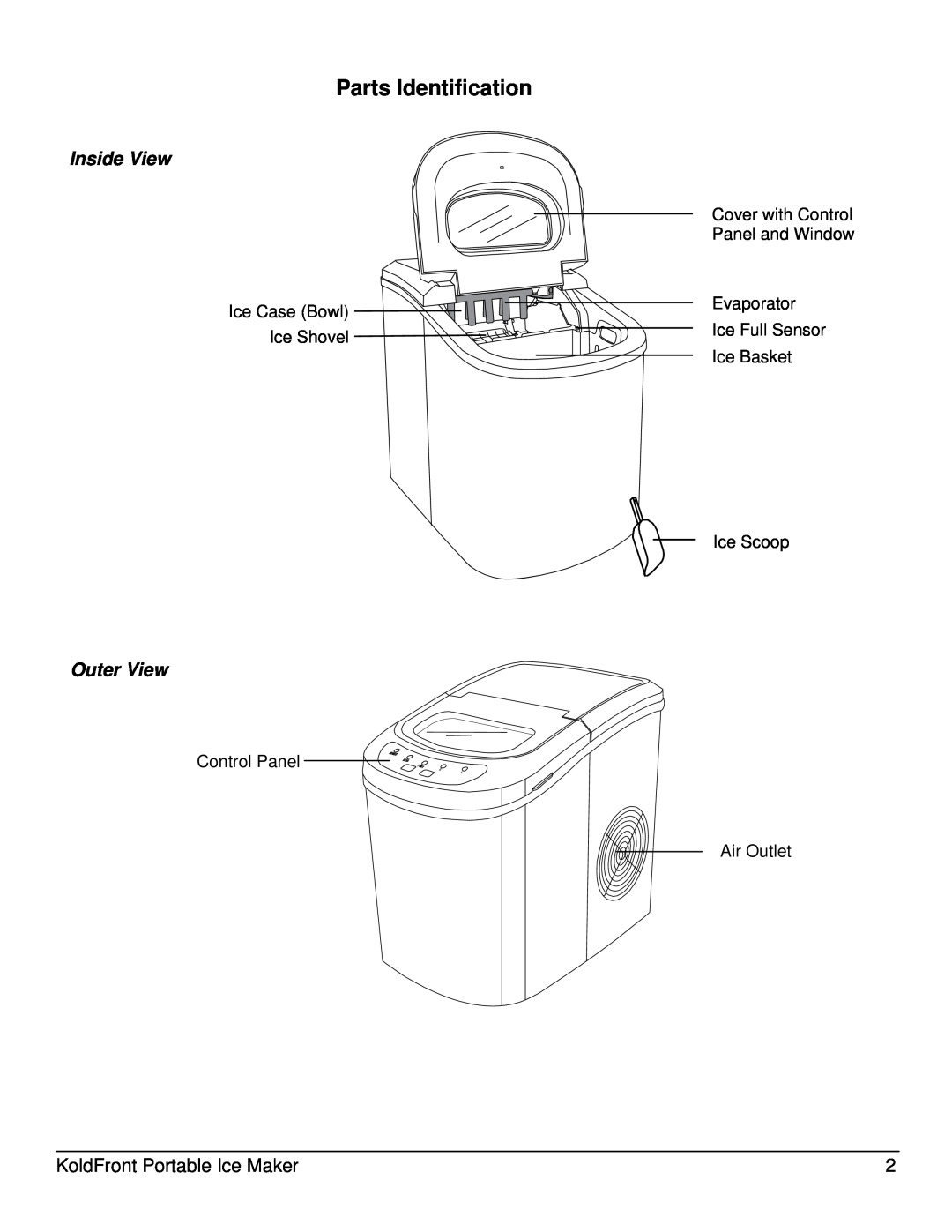 KoldFront KIM202W owner manual Parts Identification, Inside View, Outer View, Ice Case Bowl 