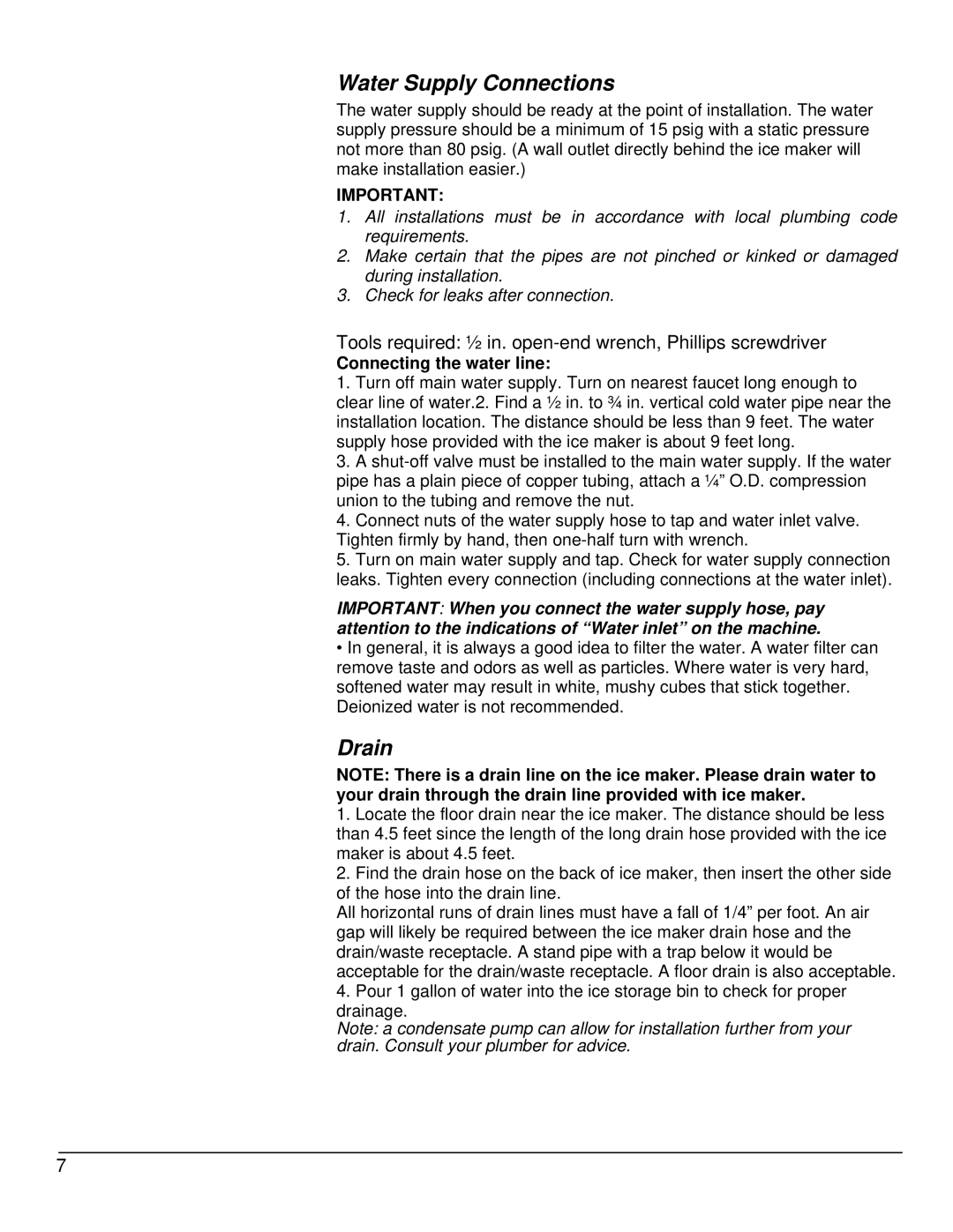 KoldFront KIM450S owner manual Water Supply Connections, Drain 