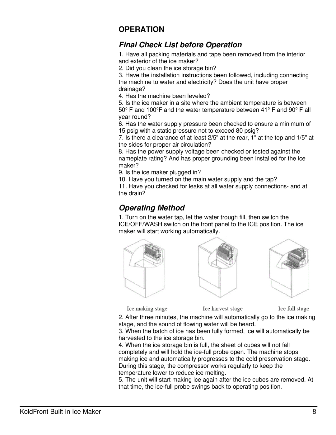 KoldFront KIM450S owner manual Final Check List before Operation, Operating Method 