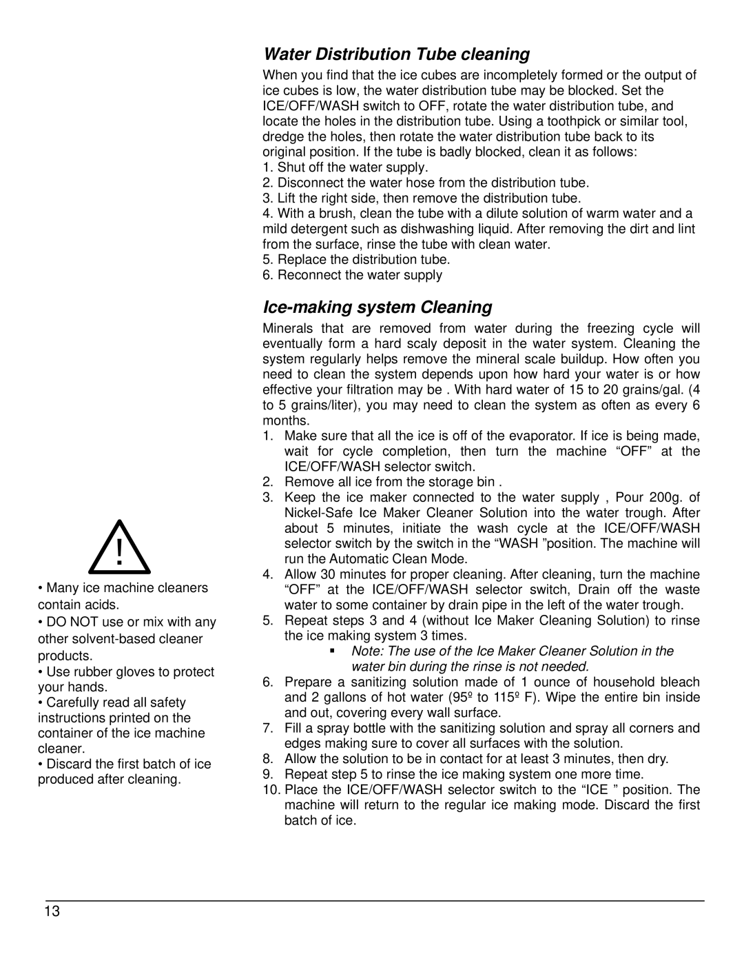 KoldFront KIM450S owner manual Water Distribution Tube cleaning, Ice-making system Cleaning 