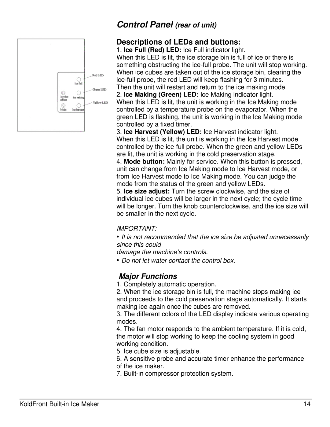 KoldFront KIM450S owner manual Descriptions of LEDs and buttons, Major Functions 