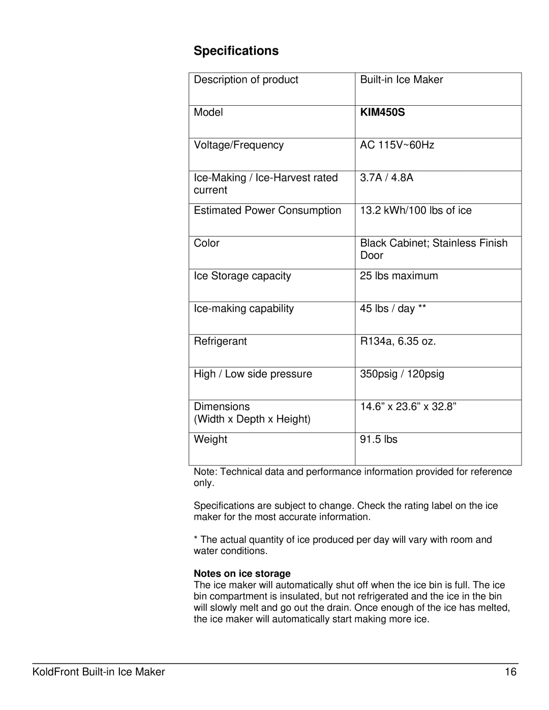 KoldFront KIM450S owner manual Specifications 