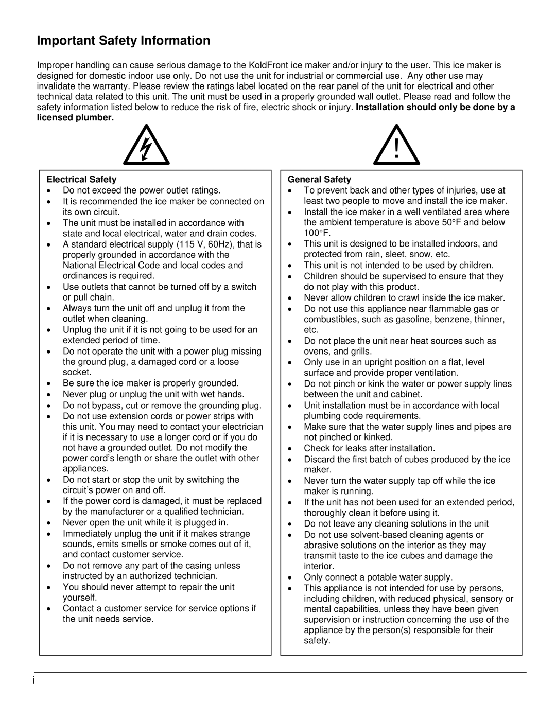 KoldFront KIM450S owner manual Important Safety Information, Licensed plumber Electrical Safety 