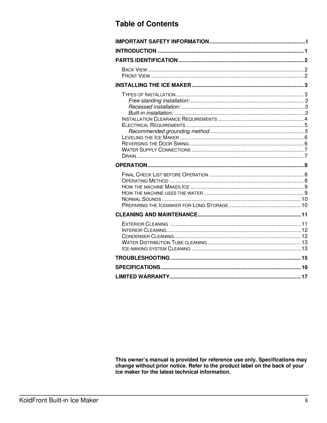 KoldFront KIM450S owner manual Table of Contents 