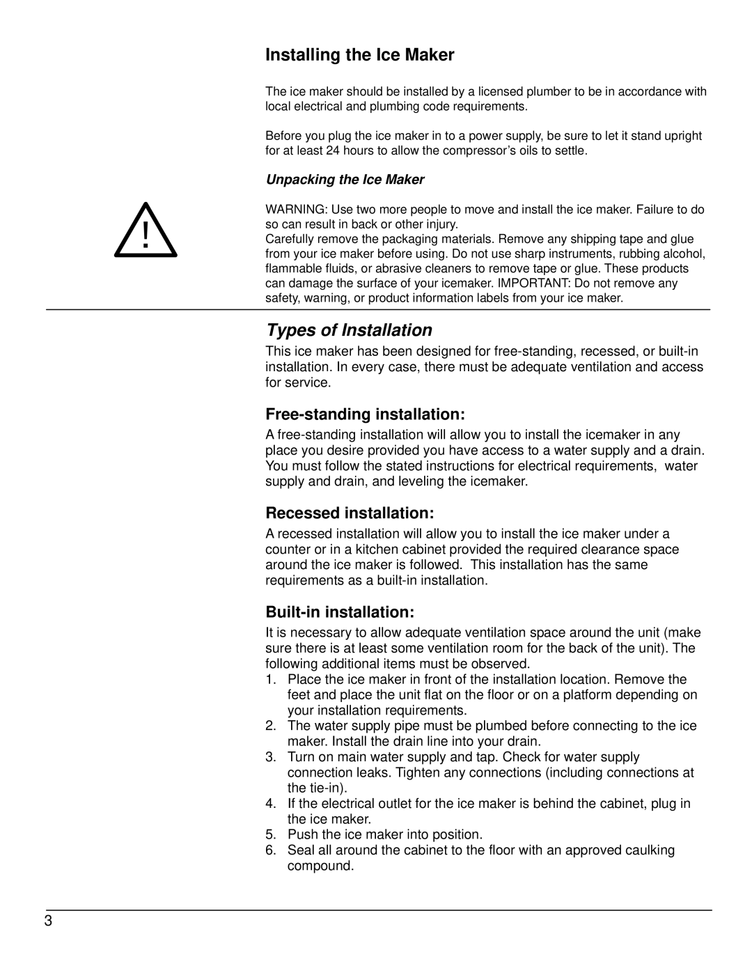 KoldFront KIM450S owner manual Installing the Ice Maker, Types of Installation 