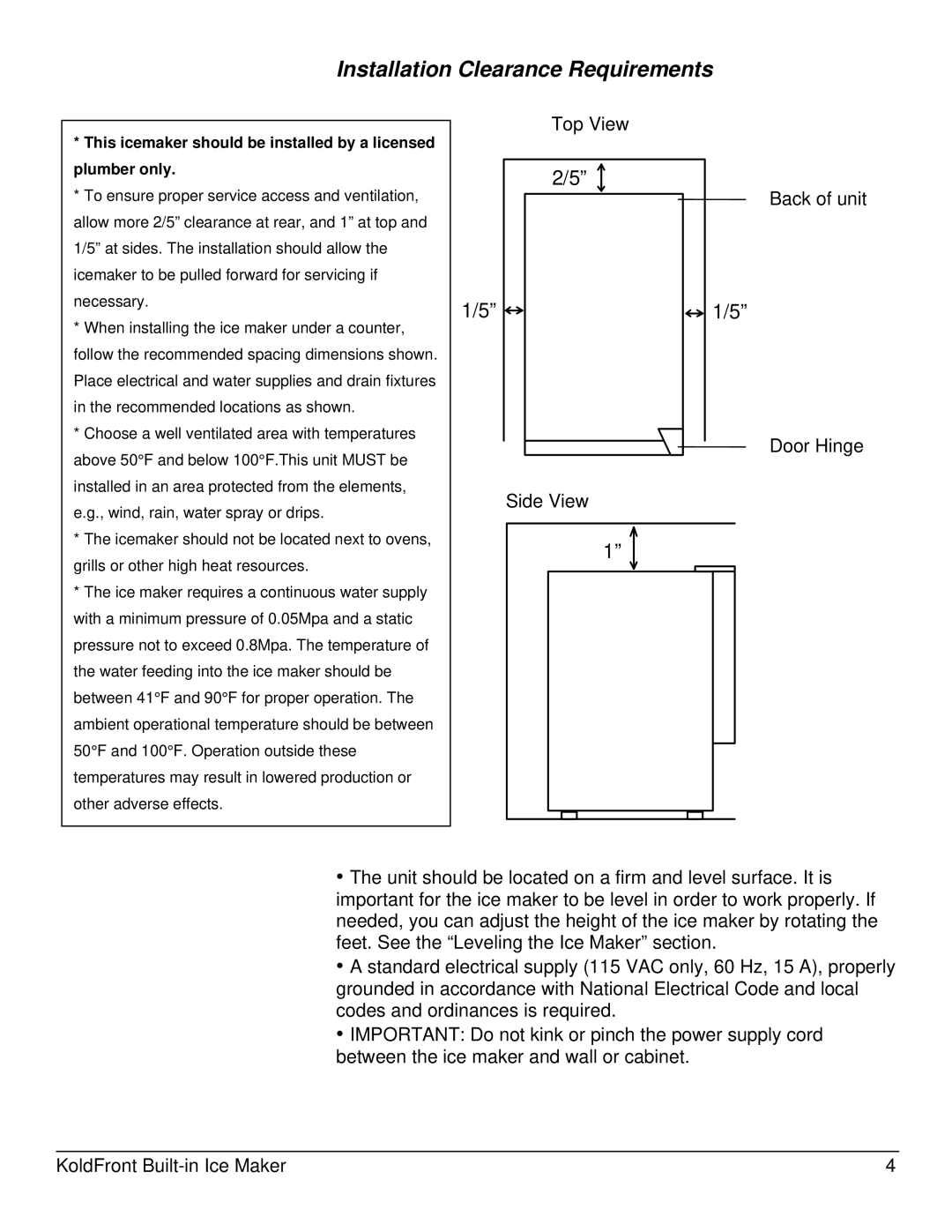 KoldFront KIM450S owner manual Installation Clearance Requirements 