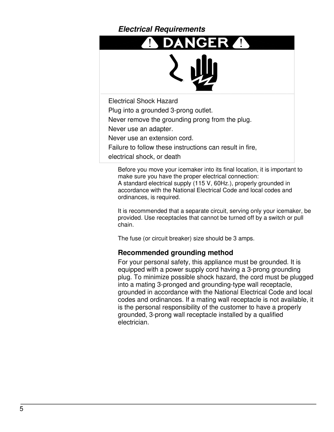 KoldFront KIM450S owner manual Electrical Requirements, Recommended grounding method 