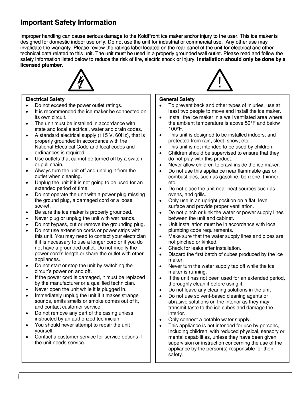 KoldFront KIM450S owner manual Important Safety Information, licensed plumber, Electrical Safety, General Safety 