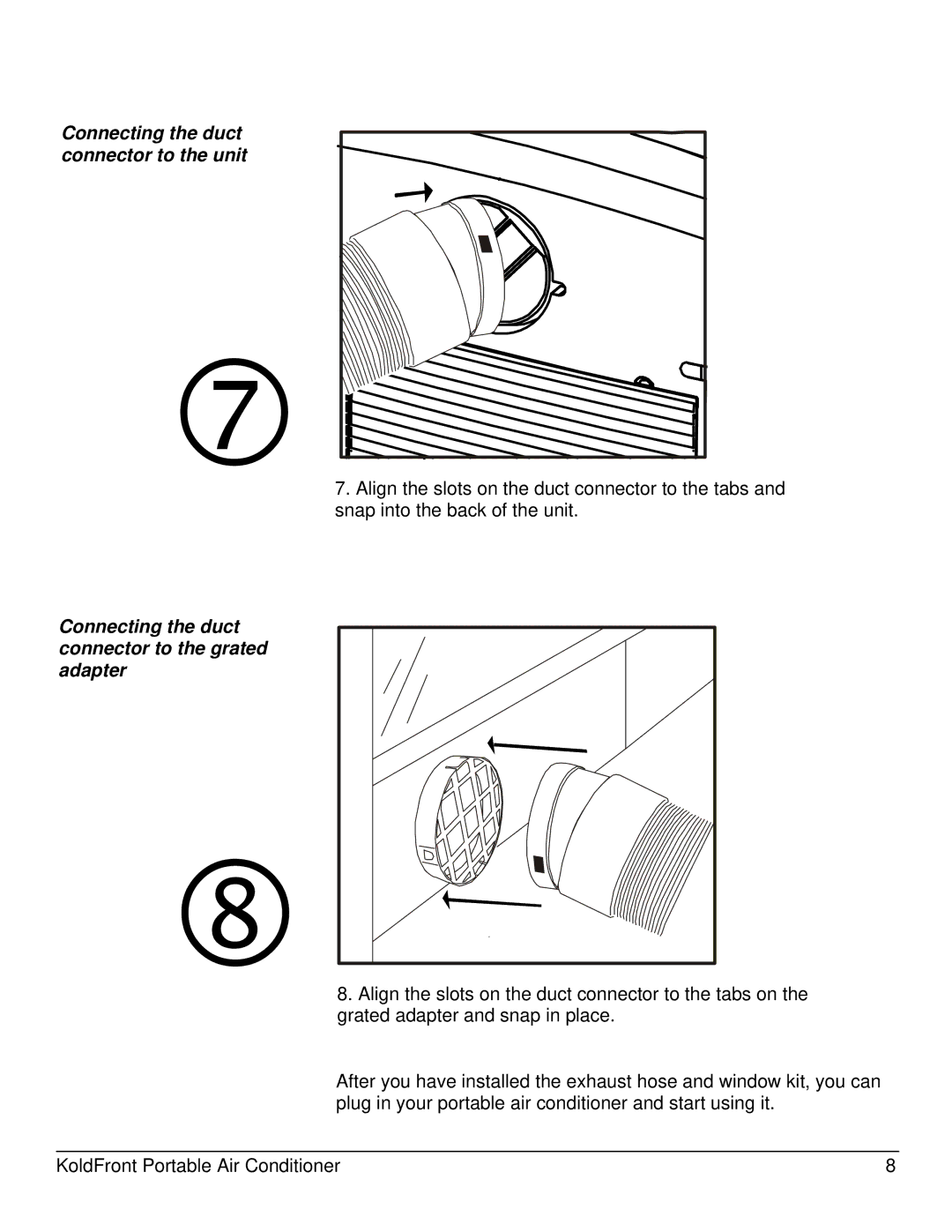 KoldFront PAC8000S Connecting the duct connector to the unit, Connecting the duct connector to the grated adapter 