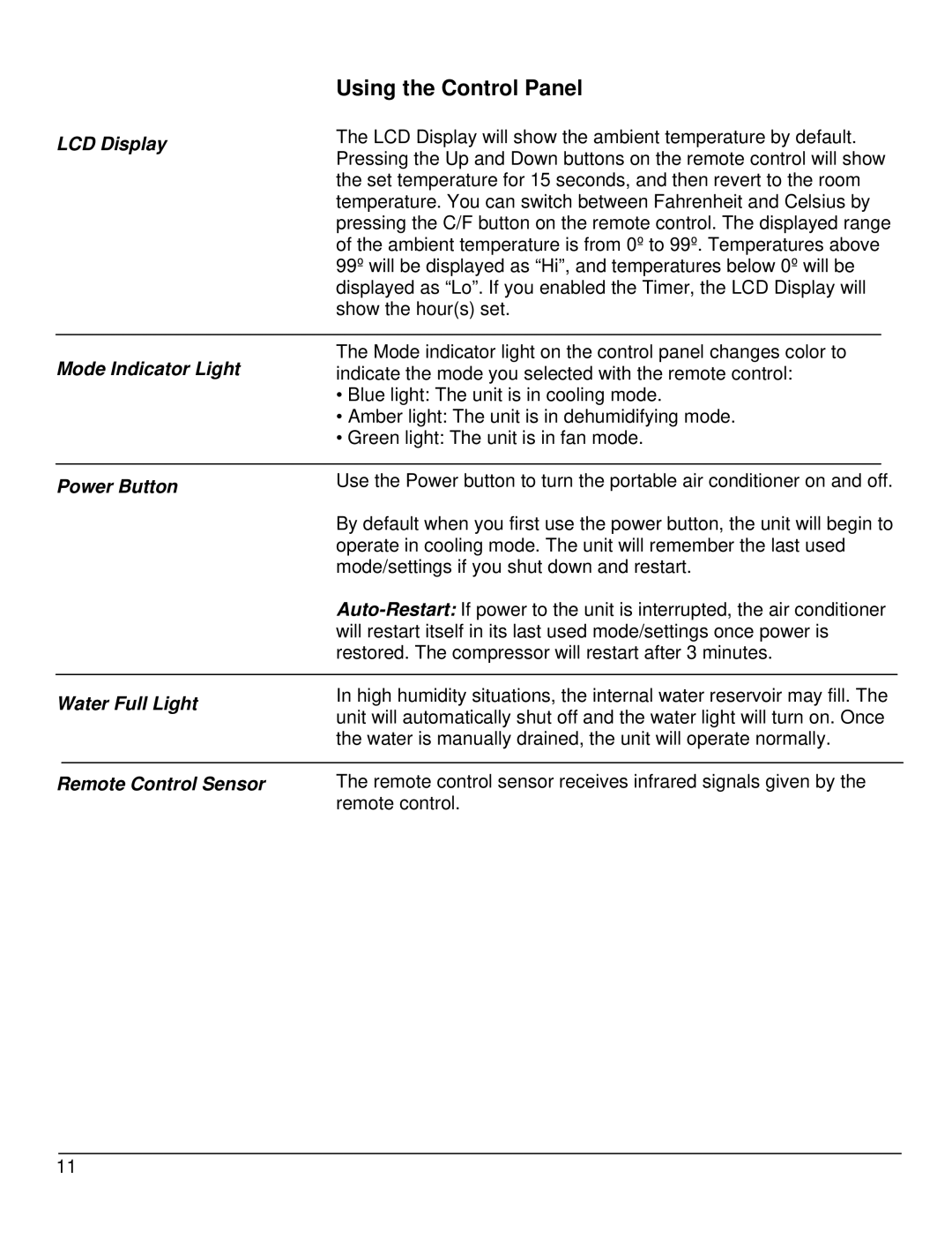 KoldFront PAC8000S owner manual Using the Control Panel 