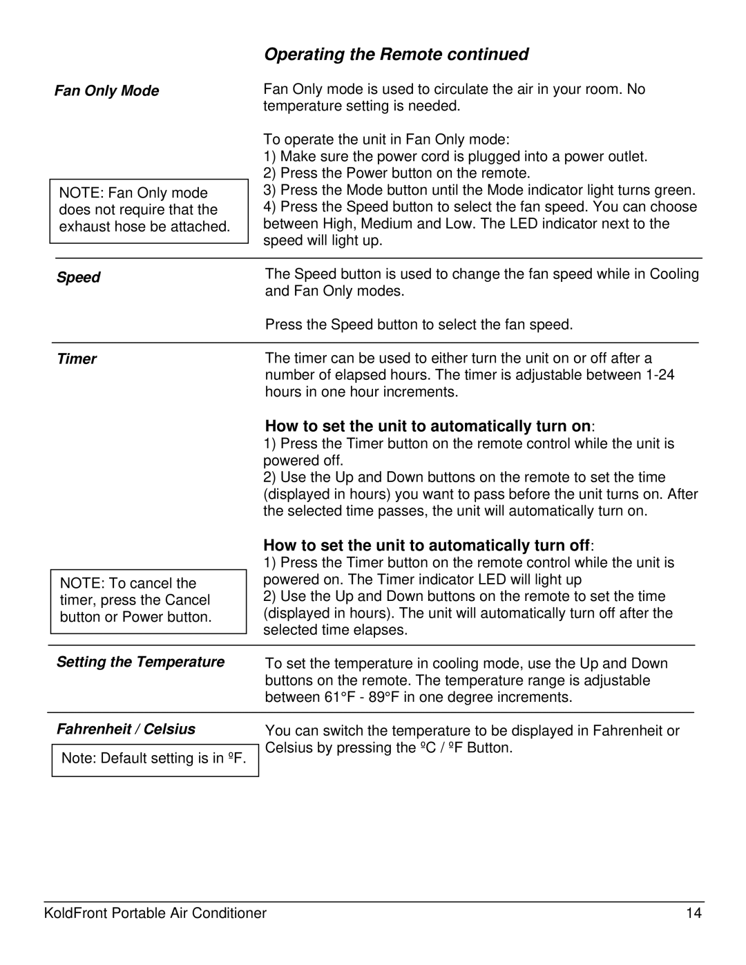 KoldFront PAC8000S owner manual Fan Only Mode, Speed, Timer, Setting the Temperature, Fahrenheit / Celsius 