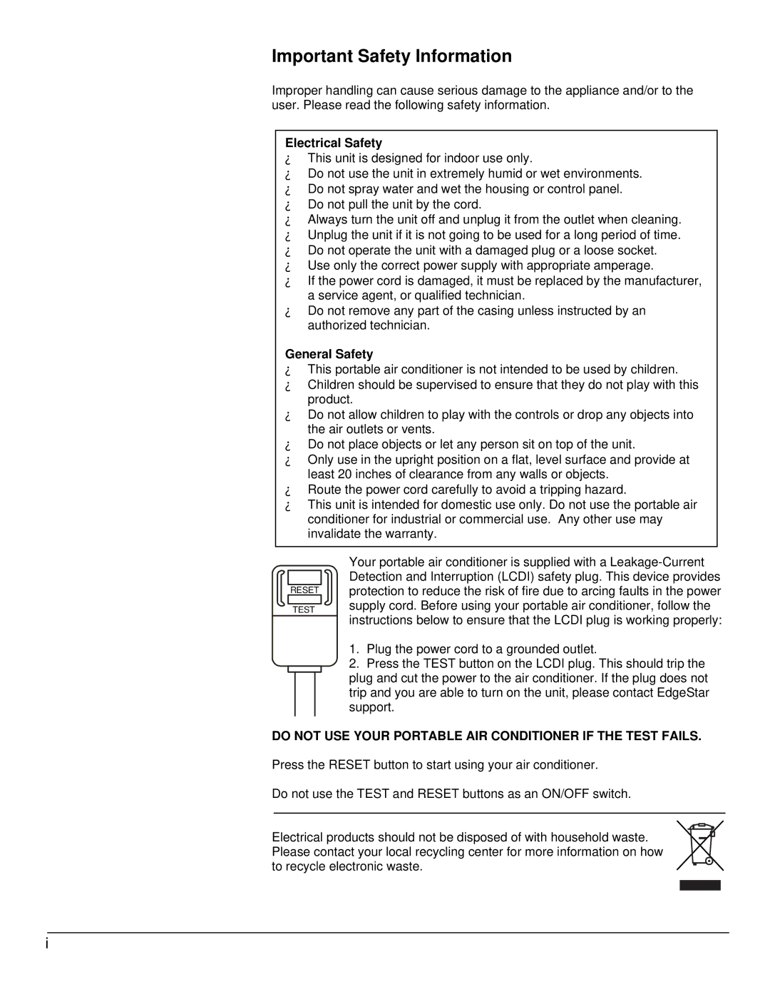 KoldFront PAC8000S owner manual Important Safety Information, Electrical Safety 