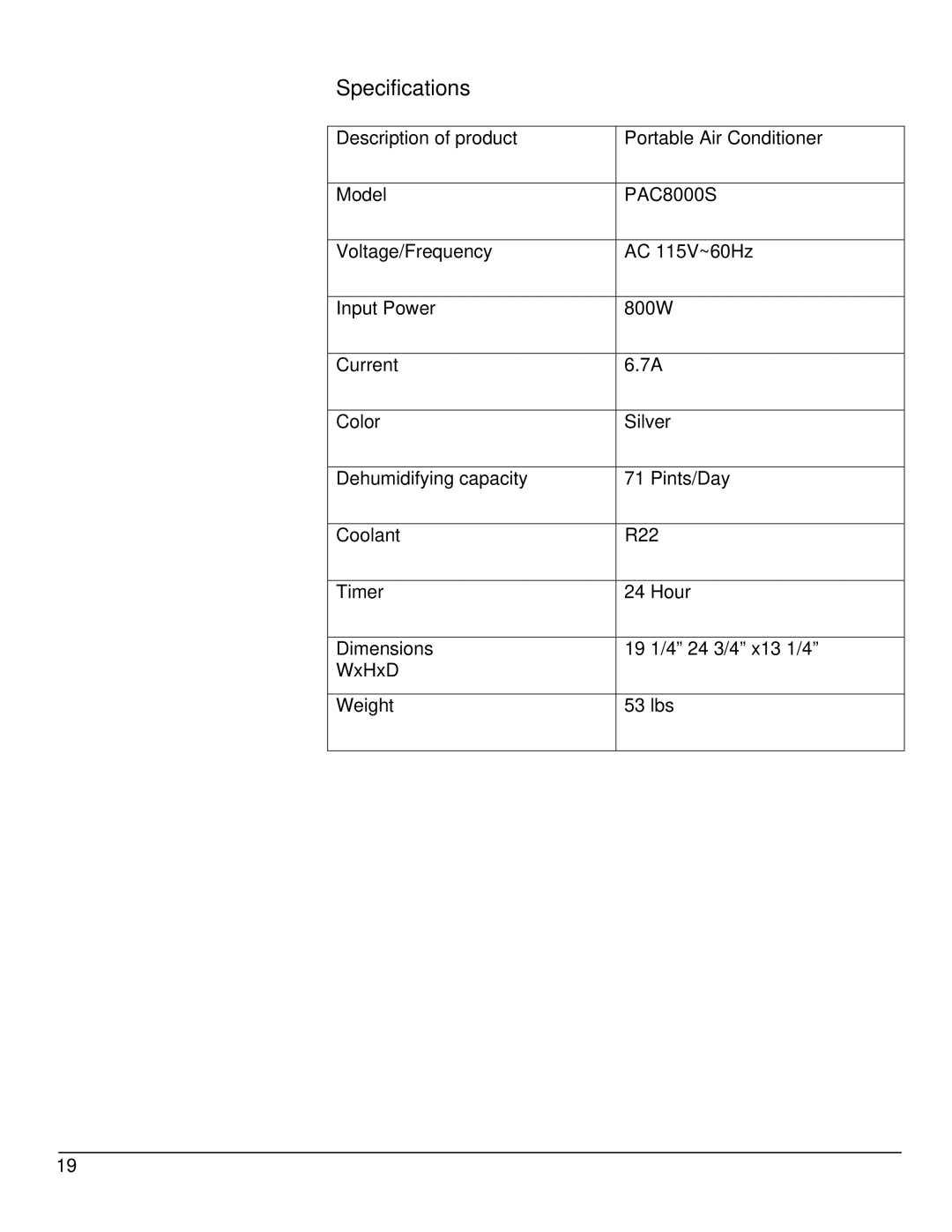 KoldFront PAC8000S owner manual Specifications 