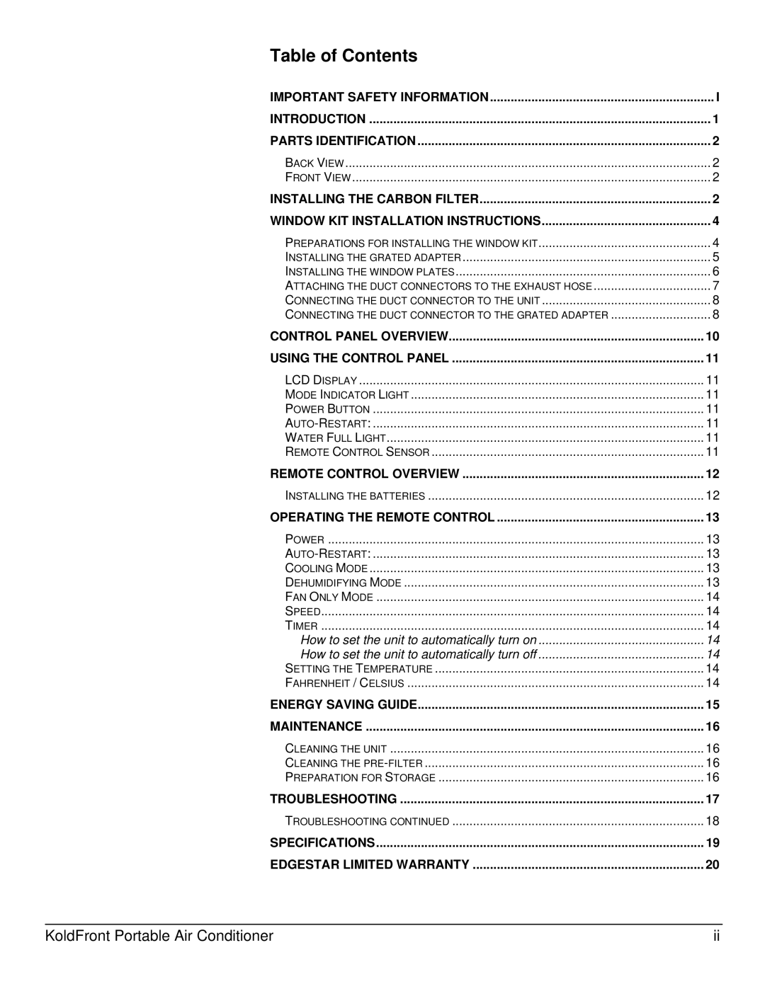 KoldFront PAC8000S owner manual Table of Contents 