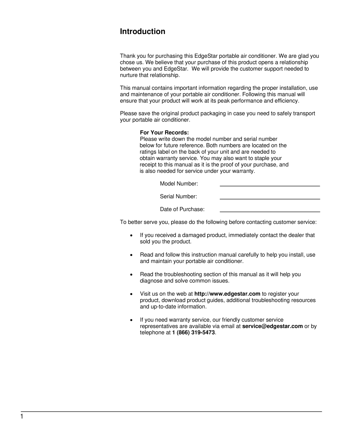 KoldFront PAC8000S owner manual Introduction, For Your Records 