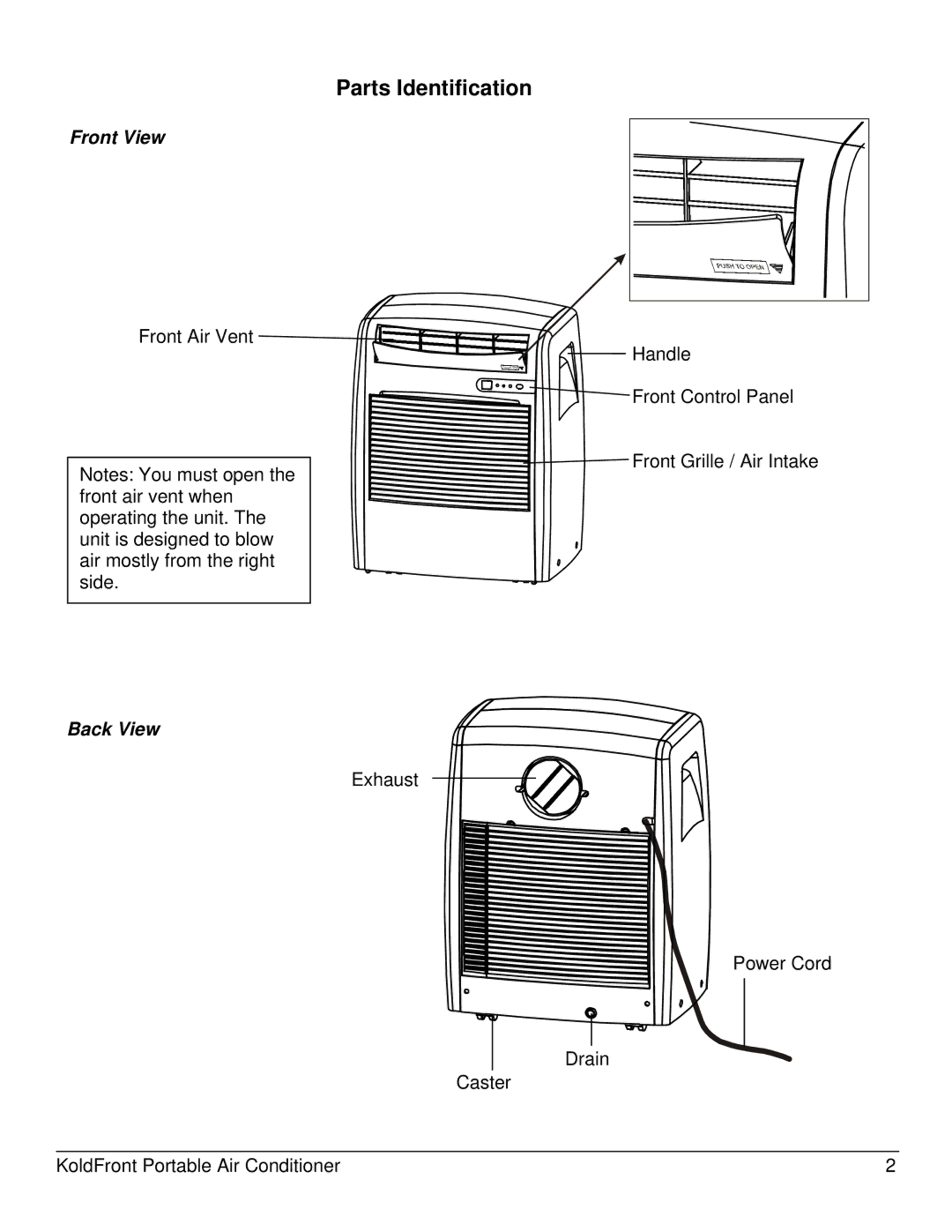 KoldFront PAC8000S owner manual Parts Identification, Front View, Back View 