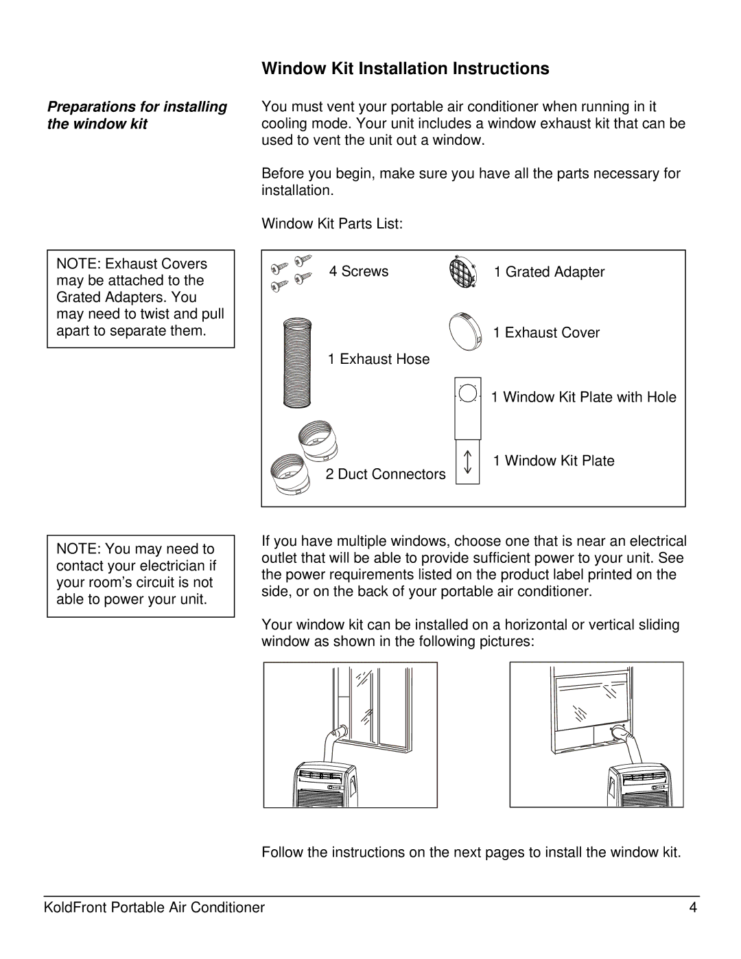 KoldFront PAC8000S owner manual Window Kit Installation Instructions, Preparations for installing the window kit 