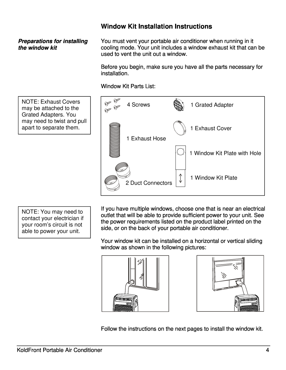 KoldFront PAC8000S owner manual Window Kit Installation Instructions, Preparations for installing the window kit 