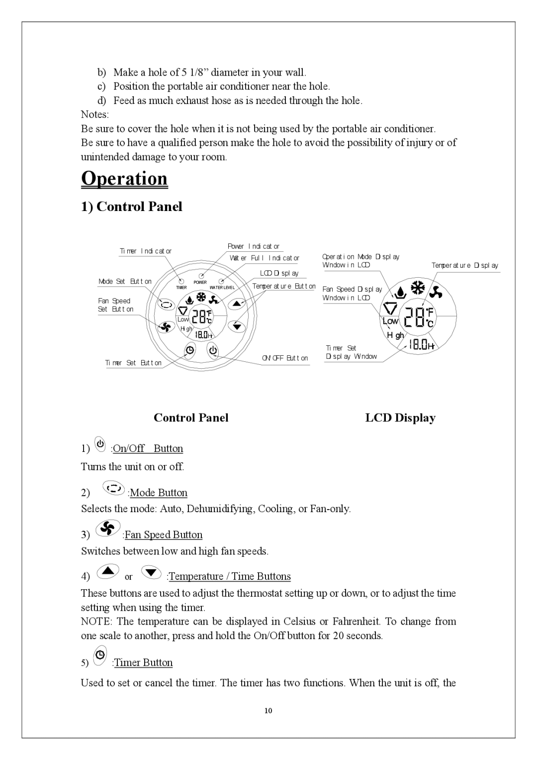 KoldFront PAC9000 manual Operation, Control Panel 