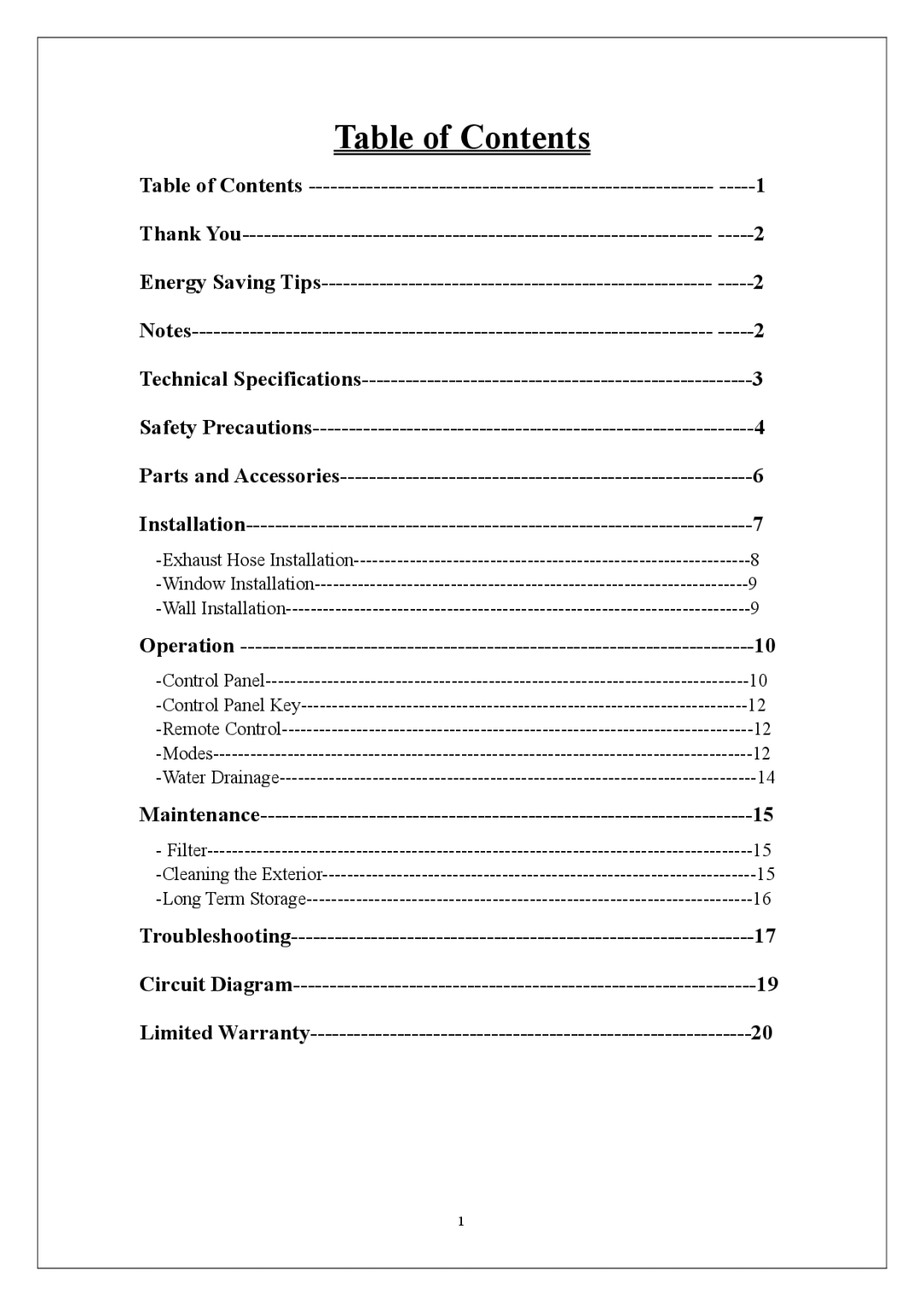 KoldFront PAC9000 manual Table of Contents 