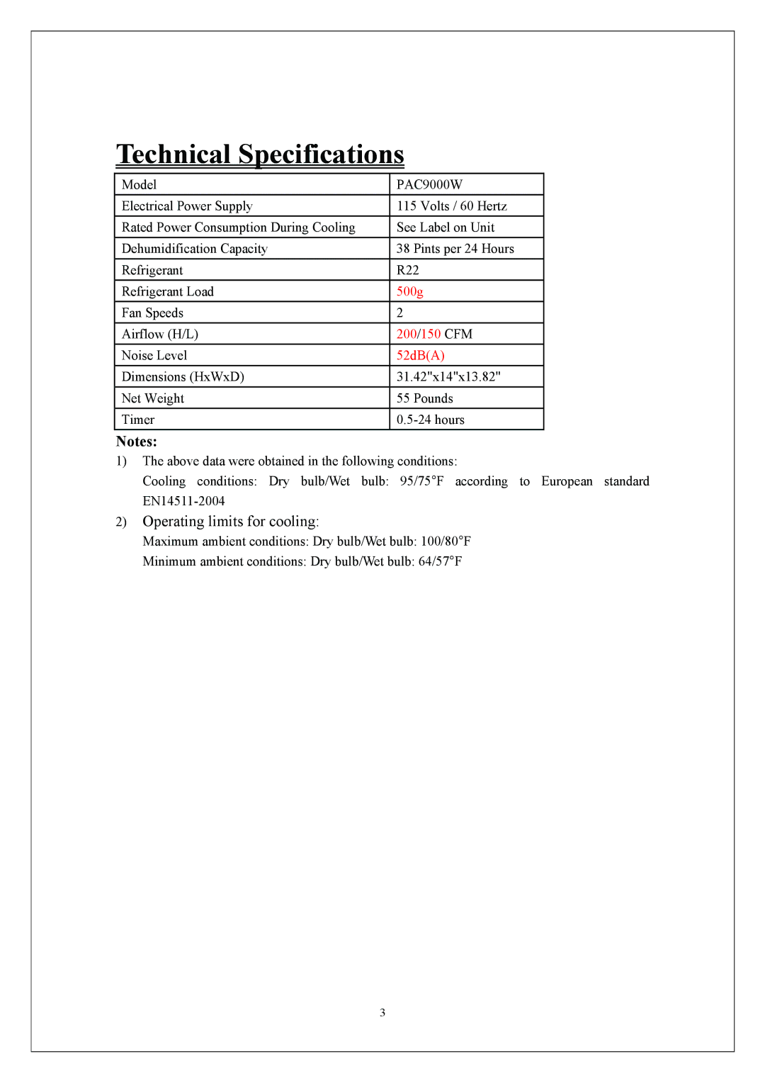 KoldFront PAC9000 manual Technical Specifications, 52dBA 