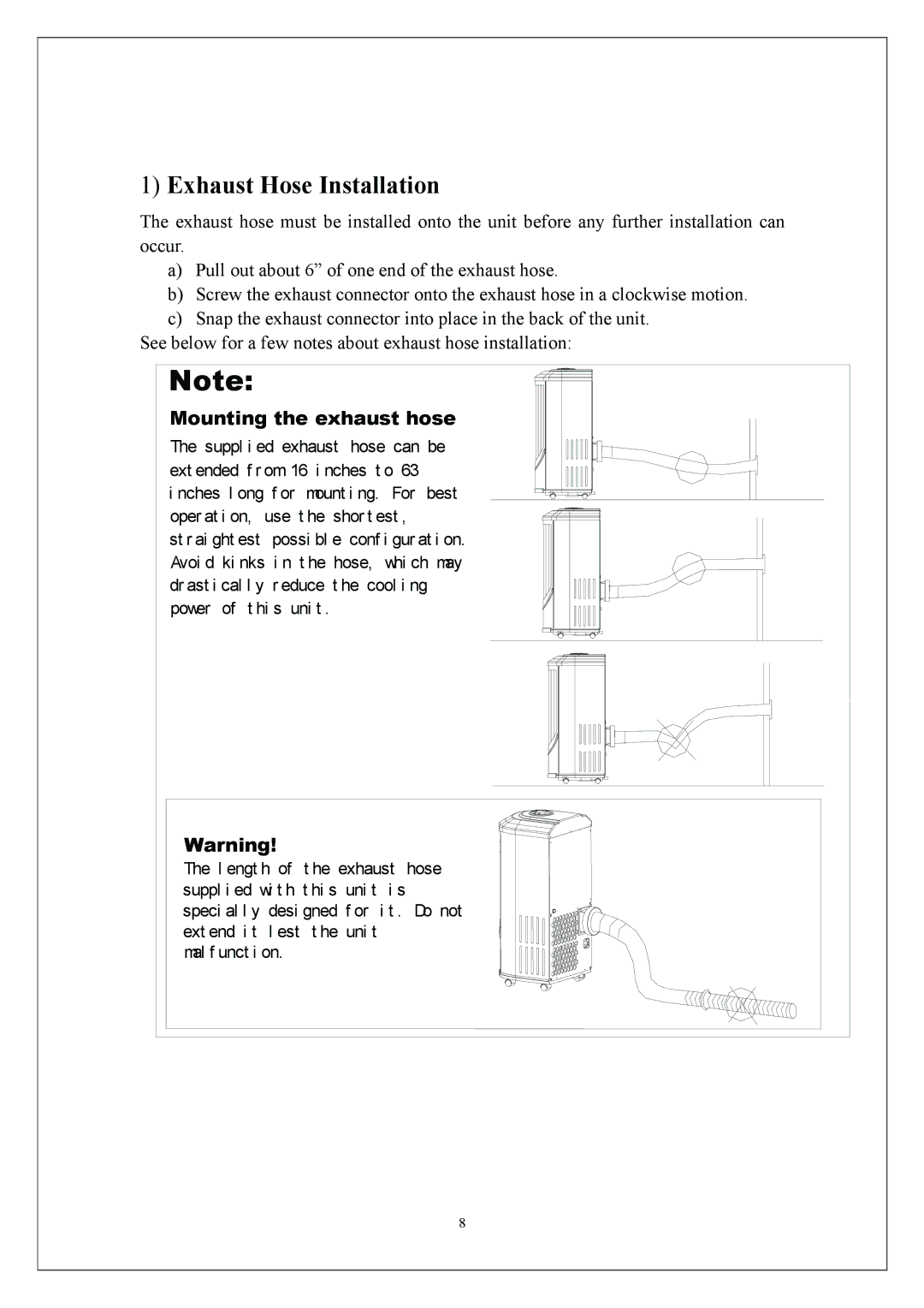 KoldFront PAC9000 manual Exhaust Hose Installation, Mounting the exhaust hose 