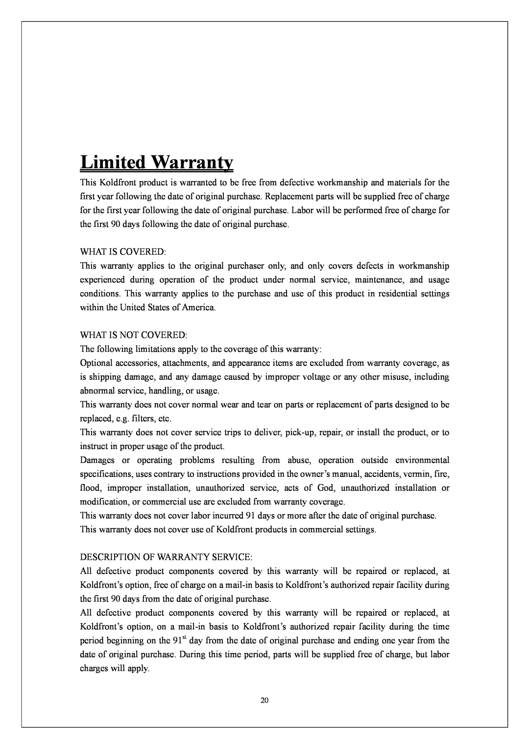 KoldFront PAC9000 manual Limited Warranty 