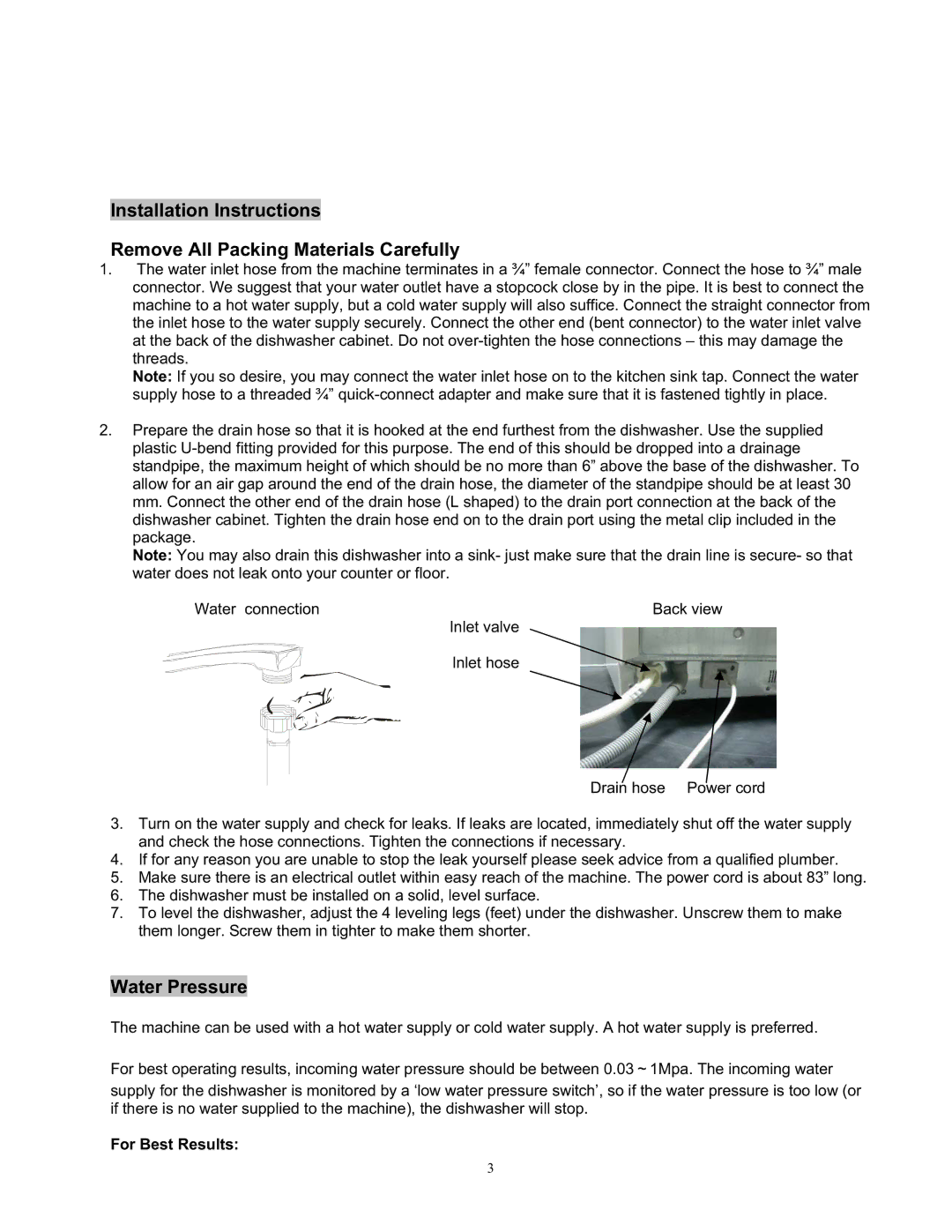 KoldFront PDW45E manual Water Pressure, For Best Results 