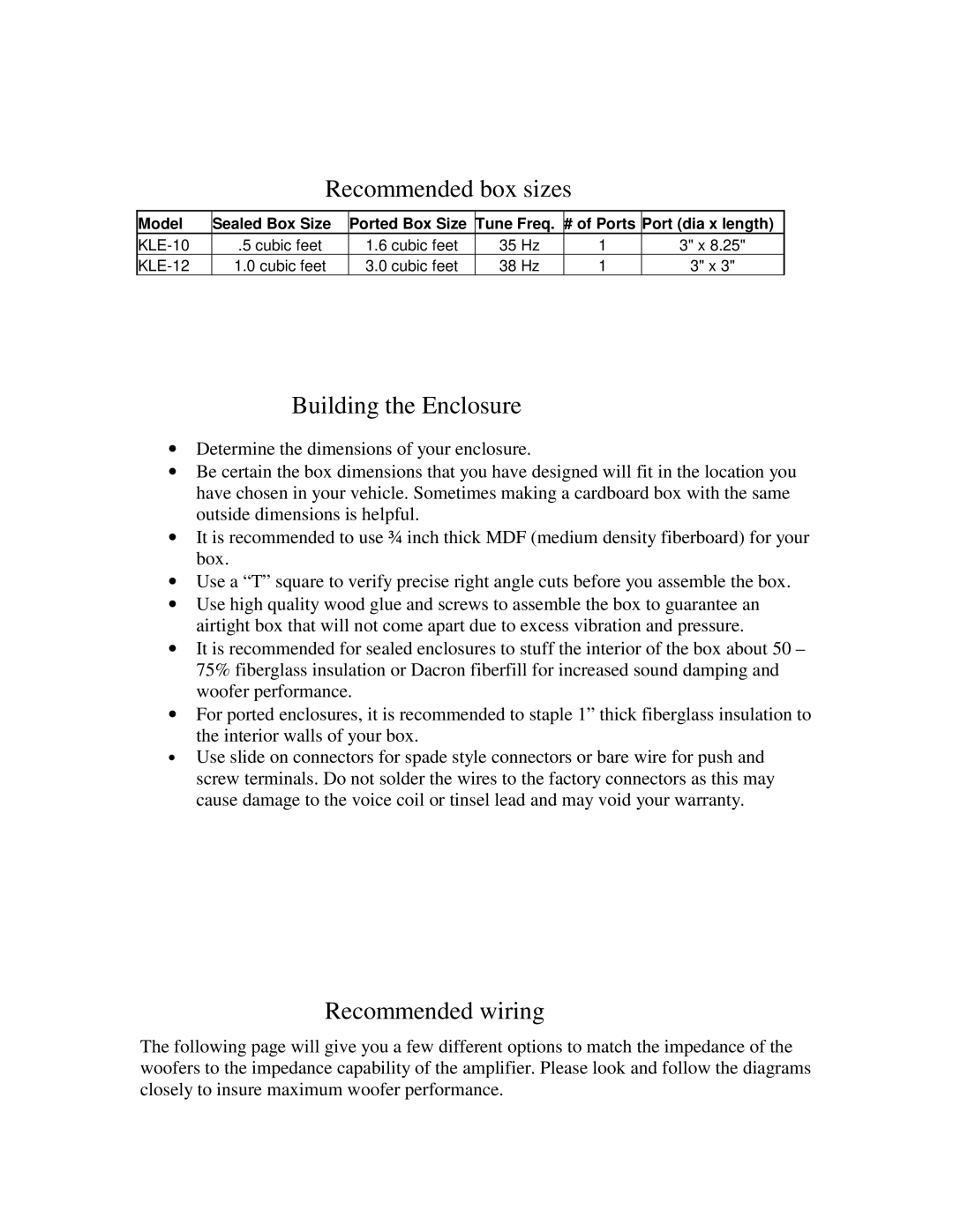 Kole Audio electronic KLE-10 warranty Recommended box sizes, Building the Enclosure, Recommended wiring 