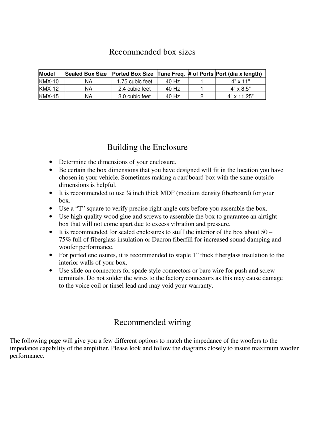 Kole Audio electronic KMX warranty Recommended box sizes, Building the Enclosure, Recommended wiring 