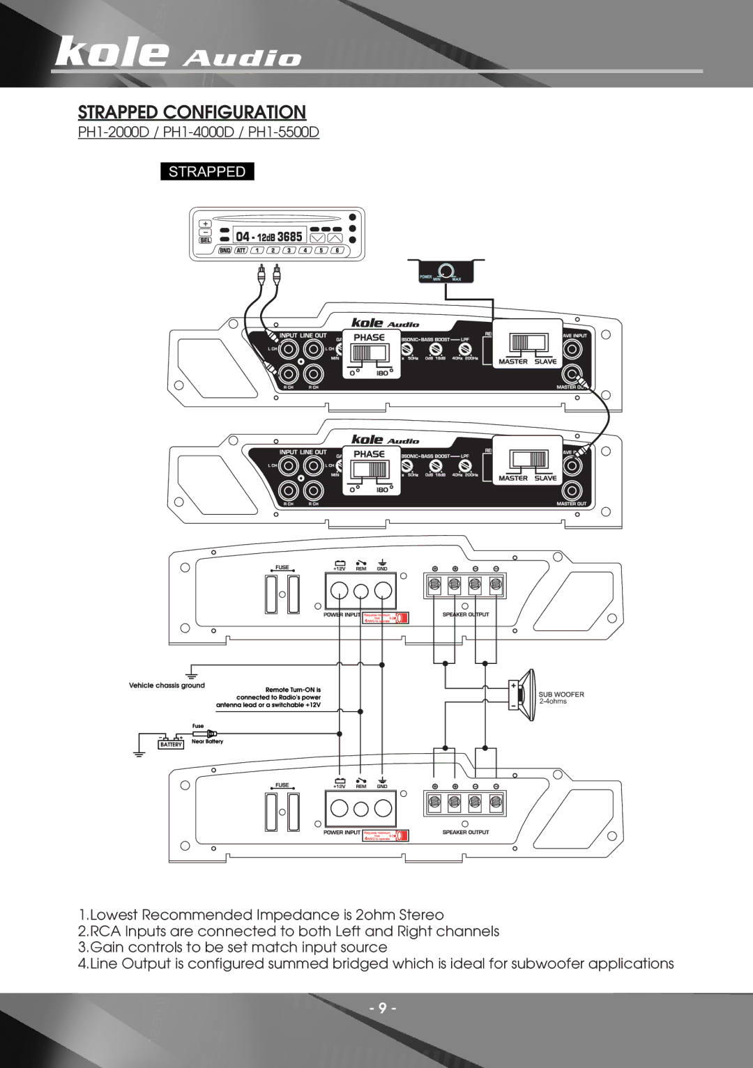 Kole Audio electronic PH2-2000, PH4-800, PH4-1000, PH2-2400, PH2-1000, PH4-1400, PH1-2000D, PH2-1500 manual Strapped Configuration 